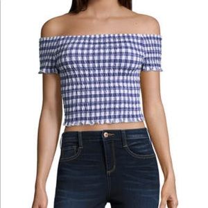 plaid off the shoulder shirt